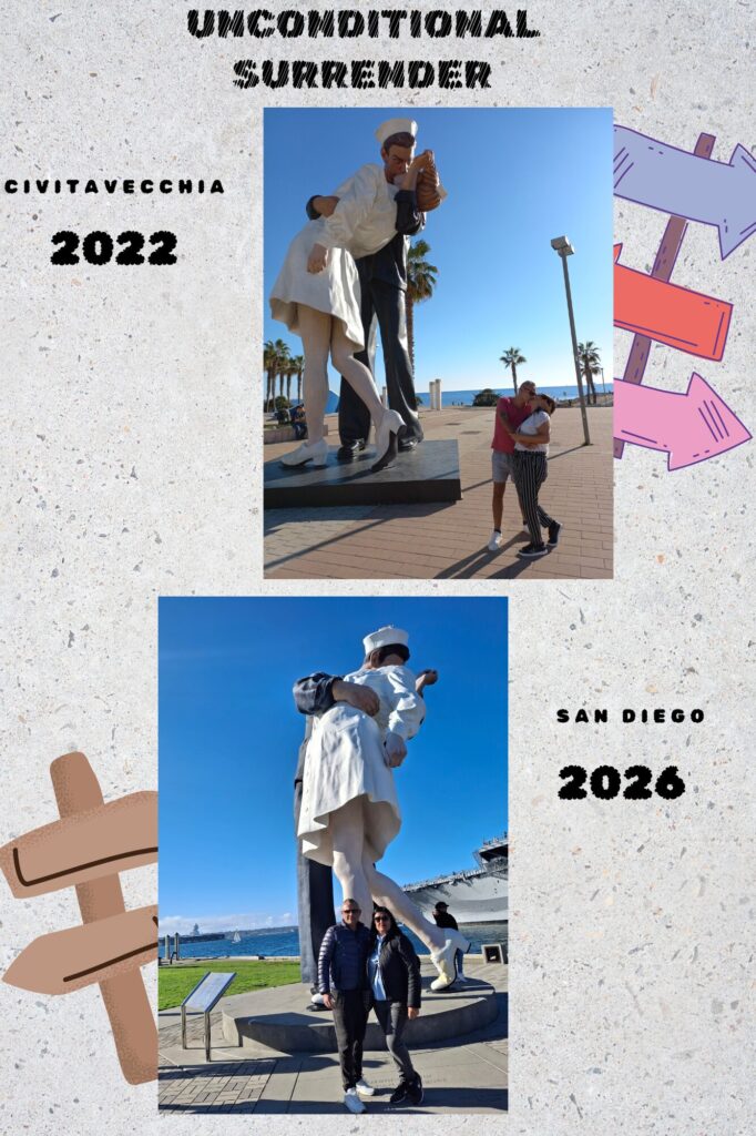 Unconditional Surrender San Diego e Civitavecchia, statua del bacio tra infermiera e marinaio, kissing statue